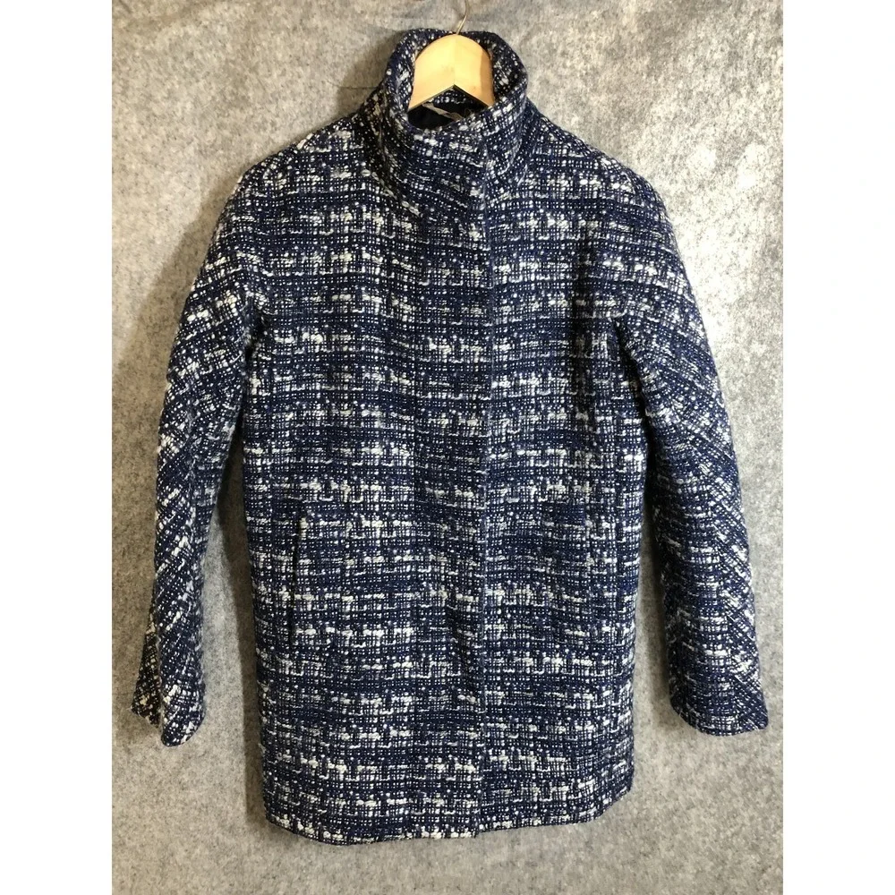 J Crew Jacket Womens 0 Blue White Wool Blend Mock Neck Tweed Bouclé Coat Lined